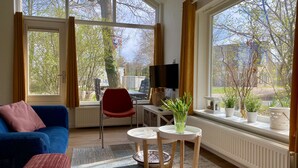Una sala de estar con un sofá azul, una butaca roja, una mesita con un florero y un televisor sobre un mueble bajo.