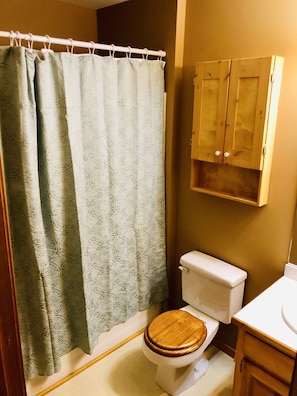 A bathroom with a toilet, wooden cabinet, and patterned shower curtain.