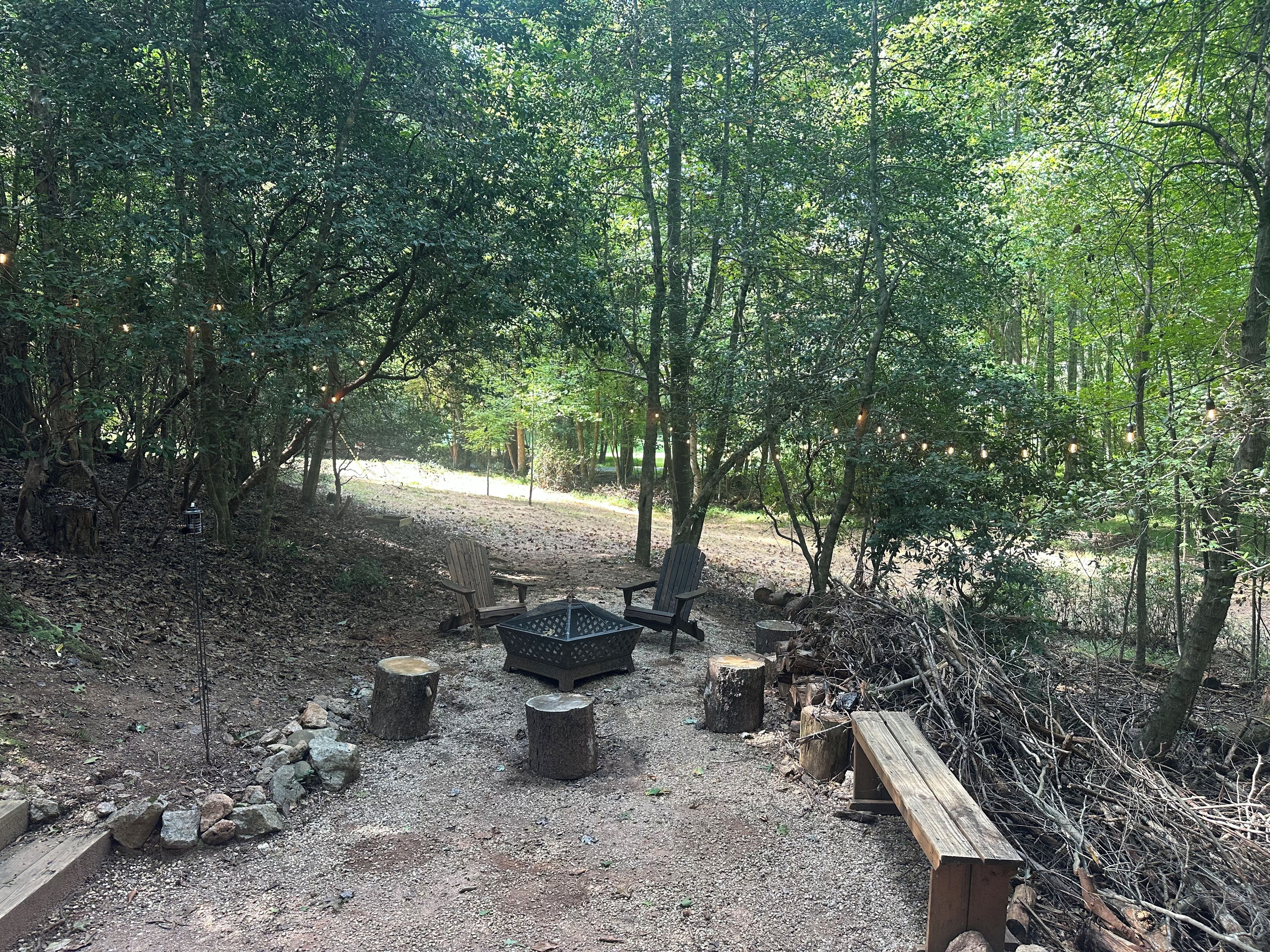 A forested campsite with a fire pit, benches, and a picnic table.