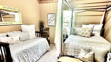 A bedroom with two beds, a wooden bench, a chair, a mirror, and a framed picture on the wall.