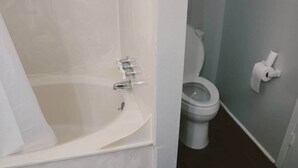 Un baño con bañera, inodoro y un dispensador de papel higiénico en la pared.