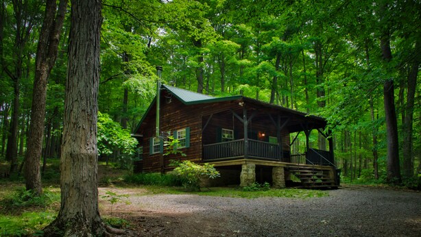 A cabin with a porch, surrounded by dense forest. - Cozy Cabin Among the Trees - Rustic Charm, Modern Comforts,  26 Secluded Acres  (Stoystown)