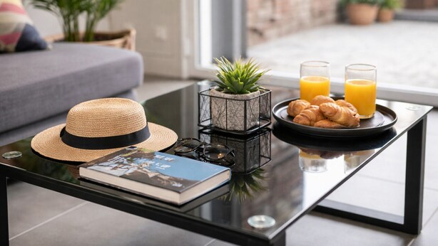 A modern living room with a glass coffee table, a book, a straw hat, a small potted plant, croissants, and orange juice. - Modern apartment with 40m² terrace - Extremely practical (Arras)