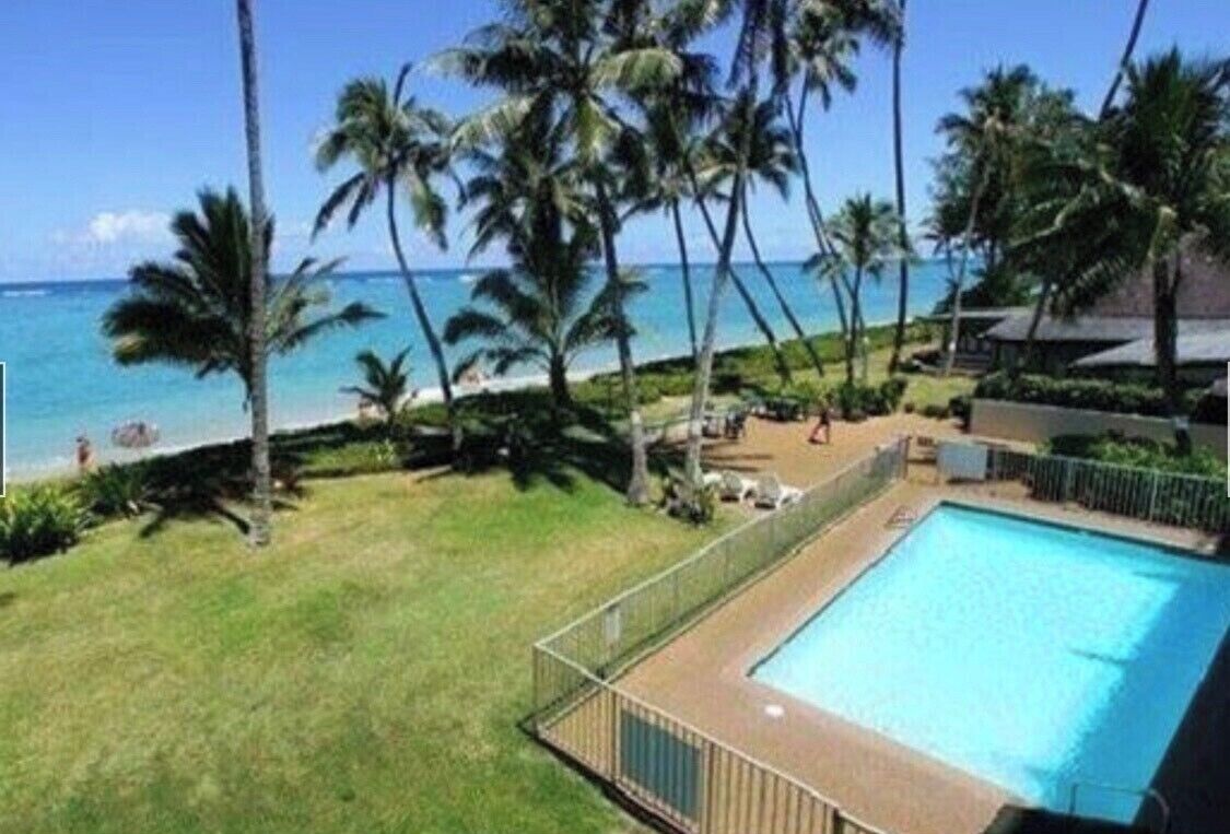 A pool with a view of the ocean and palm trees.