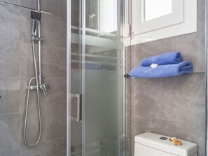 Shower, hair dryer, towels, soap