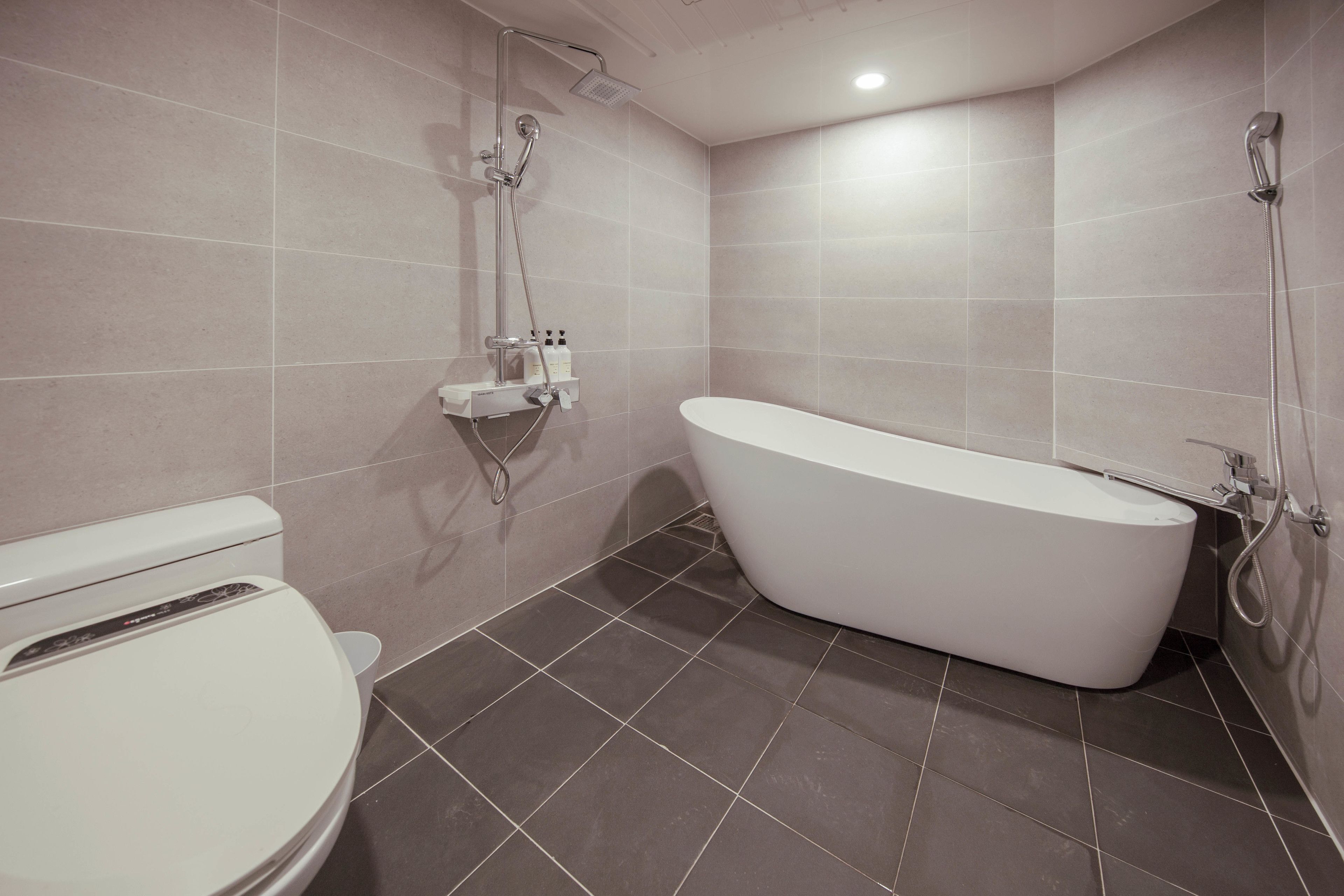 deluxe king room | bathroom | separate bathtub and shower, deep-soaking bathtub, designer toiletries