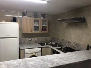 Eine kompakte Küche mit Einbauwaschmaschine, Gasherd und Holzschränken mit Glastüren.