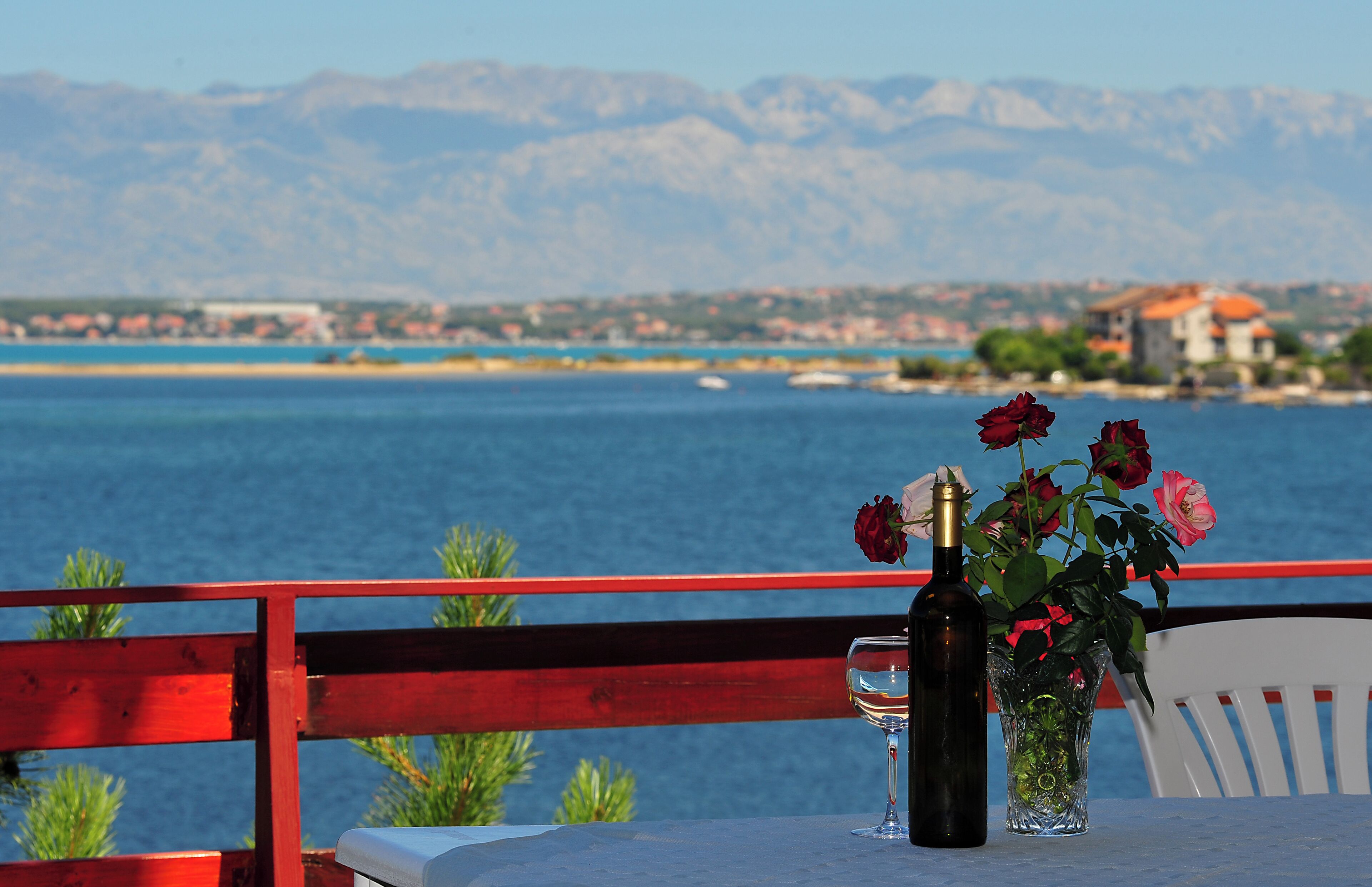 A table with a bottle and glass, a vase with flowers, and a view of a body of water with mountains in the background.
