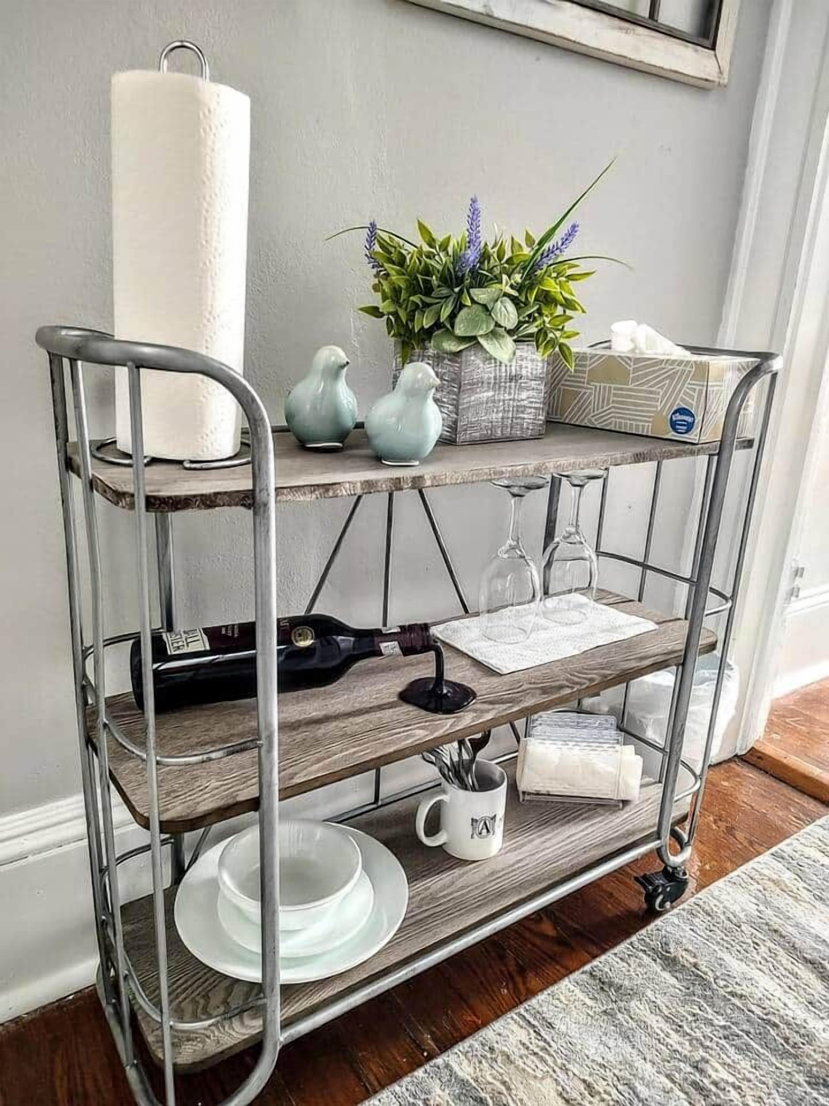 A metal cart with shelves, a roll of paper towels, a plant, and a box of tissues.