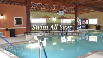 Indoor pool, outdoor pool, pool umbrellas