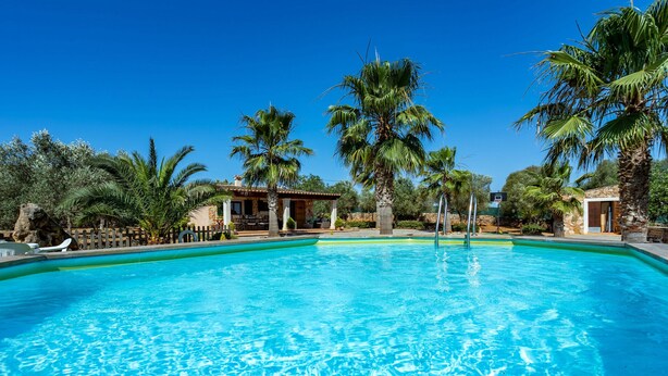 Una piscina azul cristalina rodeada de palmeras y un edificio de madera.