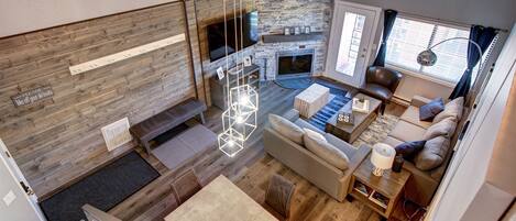 Flat-screen TV, fireplace