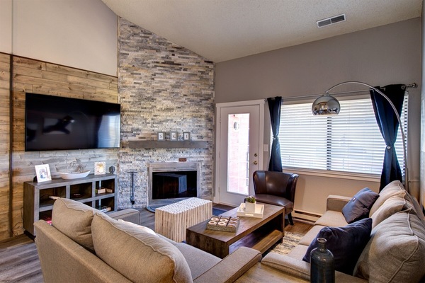 Flat-screen TV, fireplace