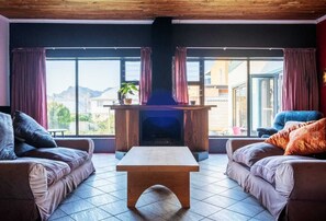 Televisión, chimenea, libros, estéreo