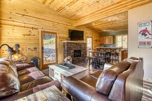 Télévision, cheminée, lecteur de DVD, livres