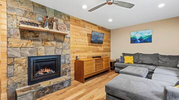 Smart TV, fireplace, books