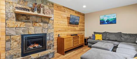 TV connectée, cheminée, livres