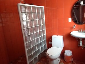 Regadera, toallas, jabón, papel de baño 