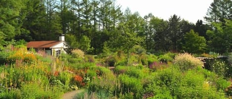 A garden with a path leading to a white building with a red roof.