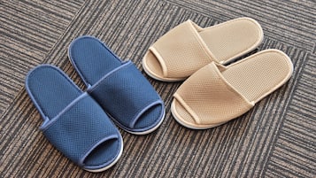 A pair of blue and beige slippers on a textured carpet.