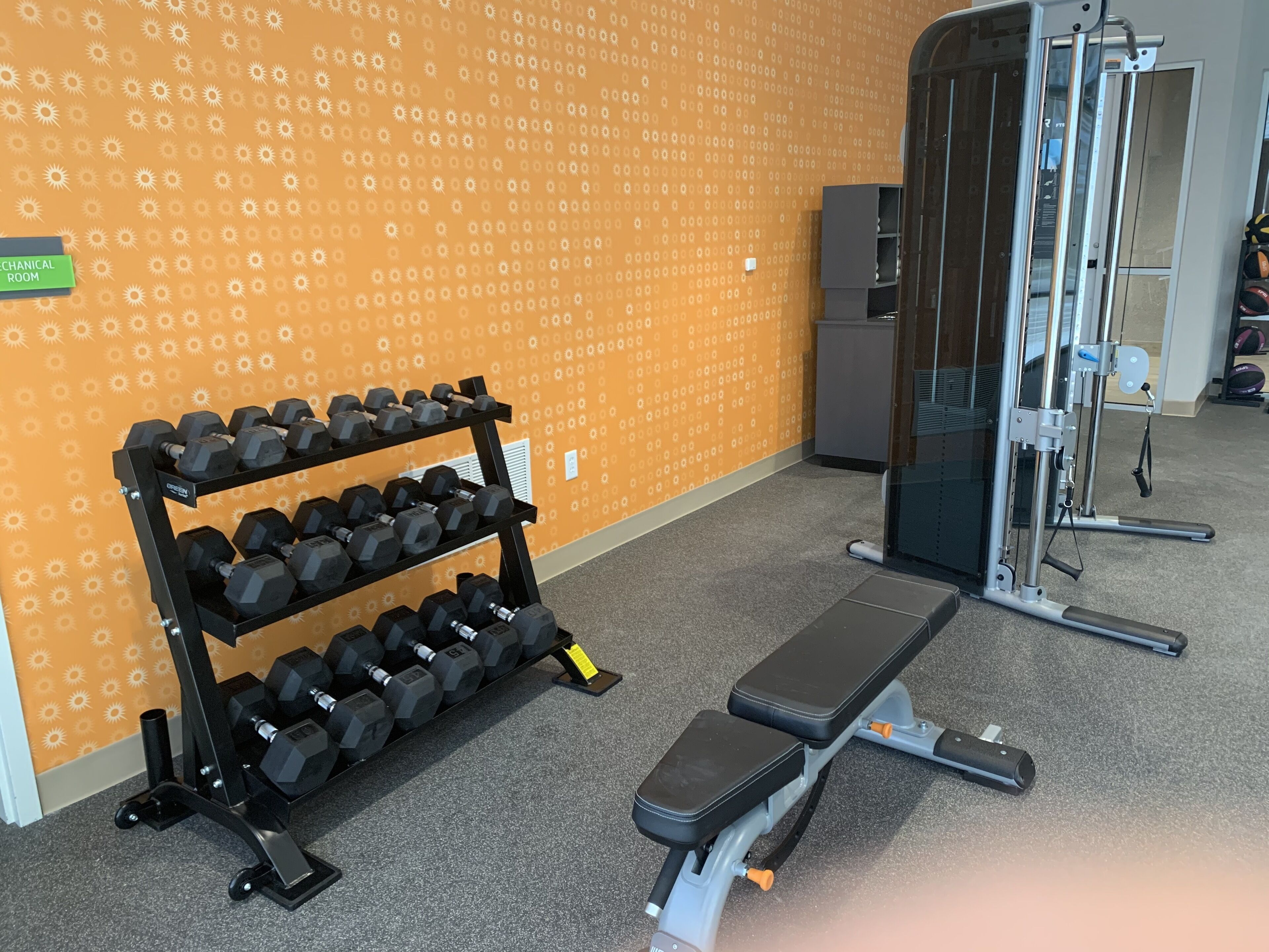 Ein Fitnessraum mit einer Bank und Kurzhanteln.