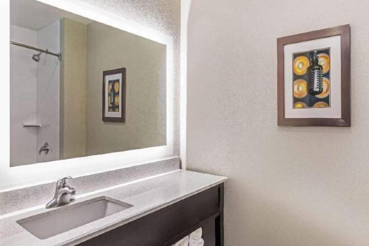 Combined shower/bathtub, hydromassage showerhead, hair dryer, towels
