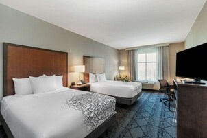 Desk, laptop workspace, blackout drapes, iron/ironing board