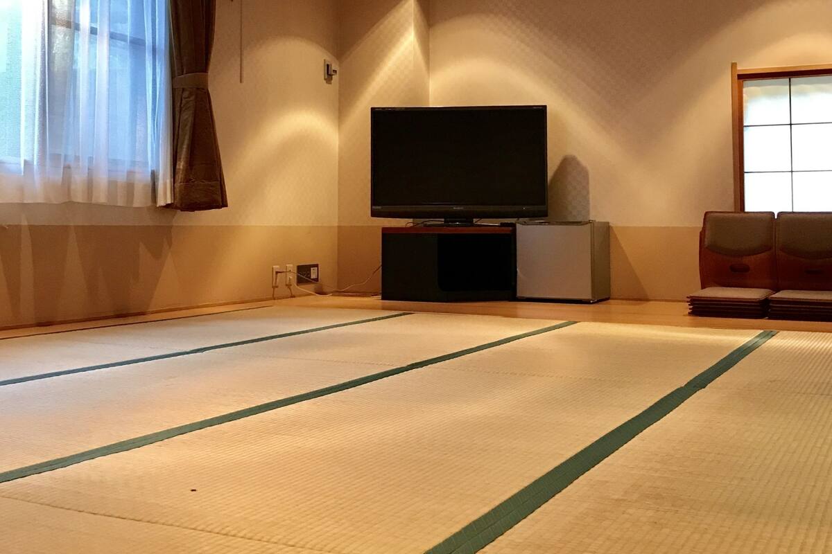A room with tatami mats, a television on a stand, a window with curtains, and a ceiling with recessed lighting.