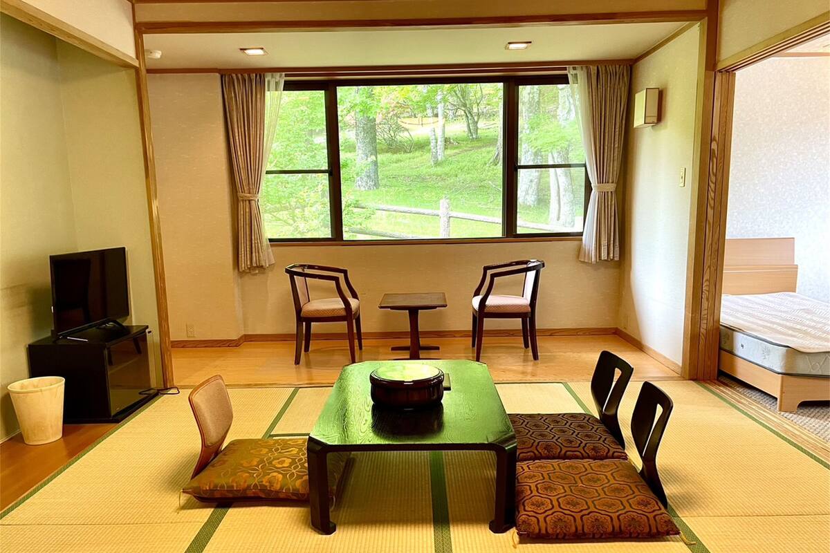 A room with tatami mats, a low table with a bowl, two chairs, a bed, and a TV.