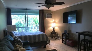 Ein Schlafzimmer mit Bett, Sofa, Schreibtisch, Fernseher und einem Fenster mit Blick auf Grünflächen.