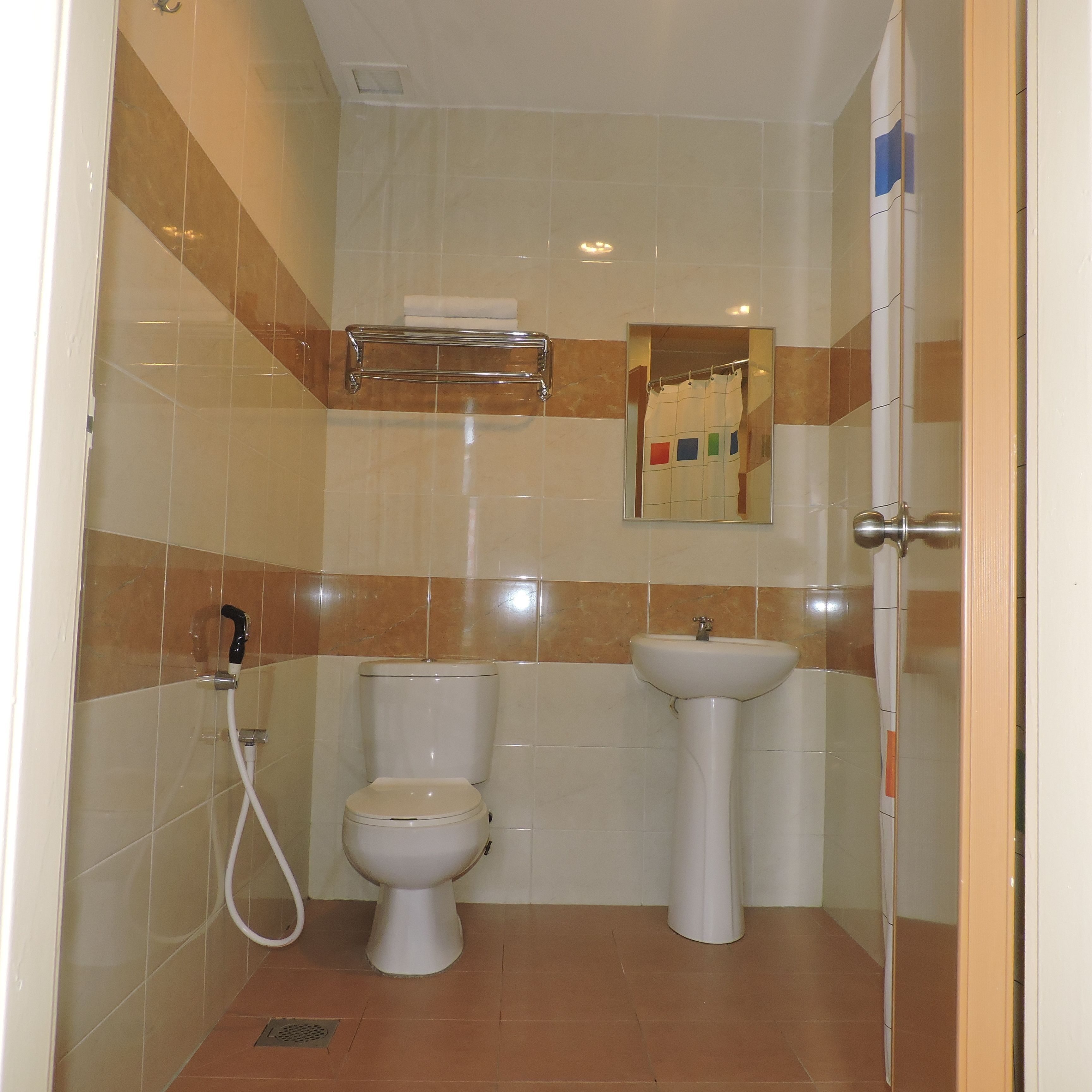A bathroom with a toilet, sink, and shower.