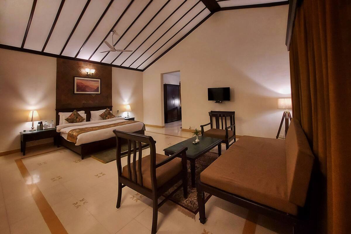 A hotel room with a bed, a desk, a chair, a TV, and a sofa.