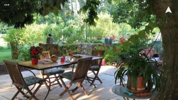 Un patio al aire libre con una mesa y sillas de madera, rodeado de abundante vegetación y plantas en macetas.
