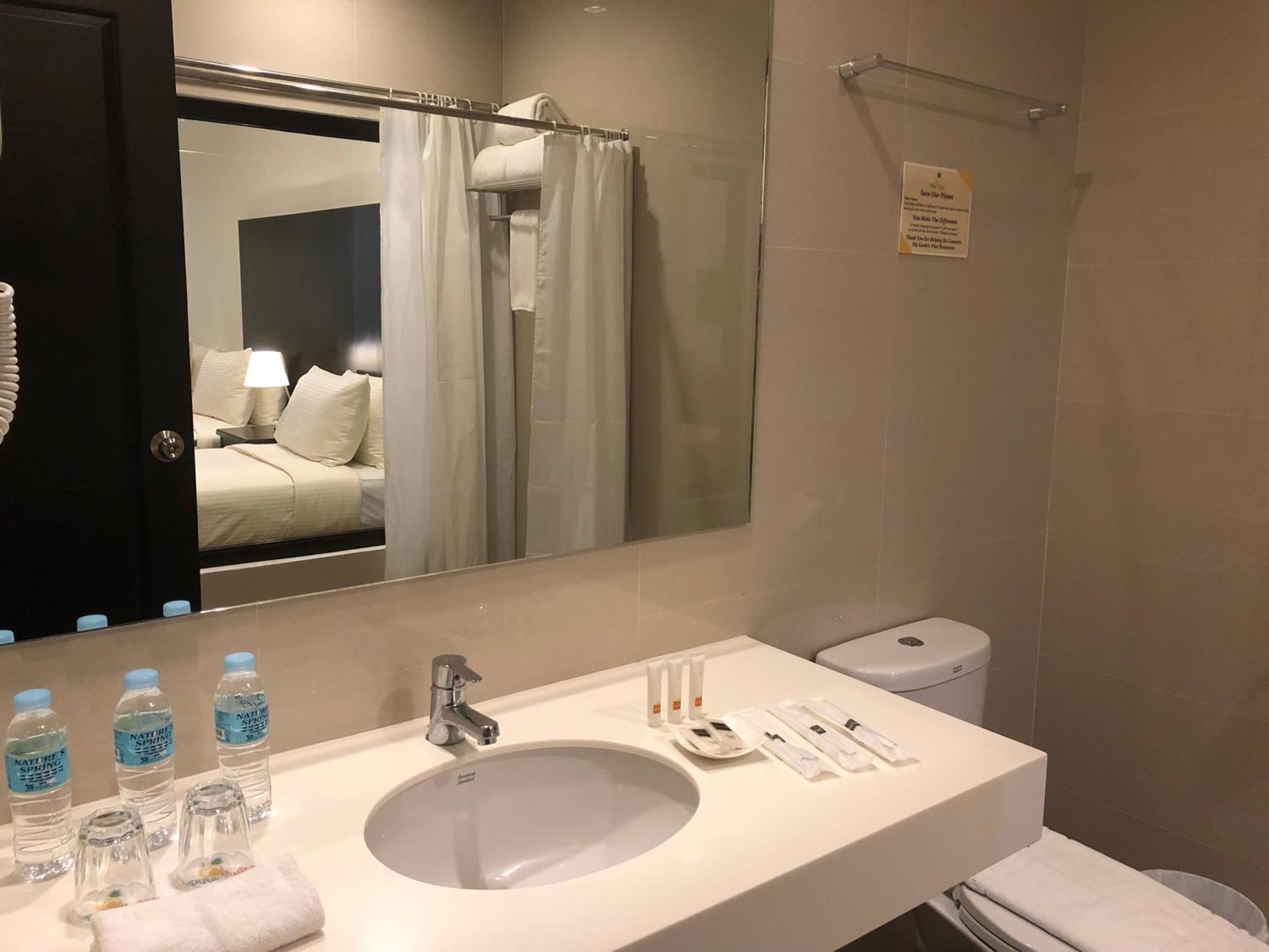 Un baño de hotel con lavabo, espejo y artículos de aseo.