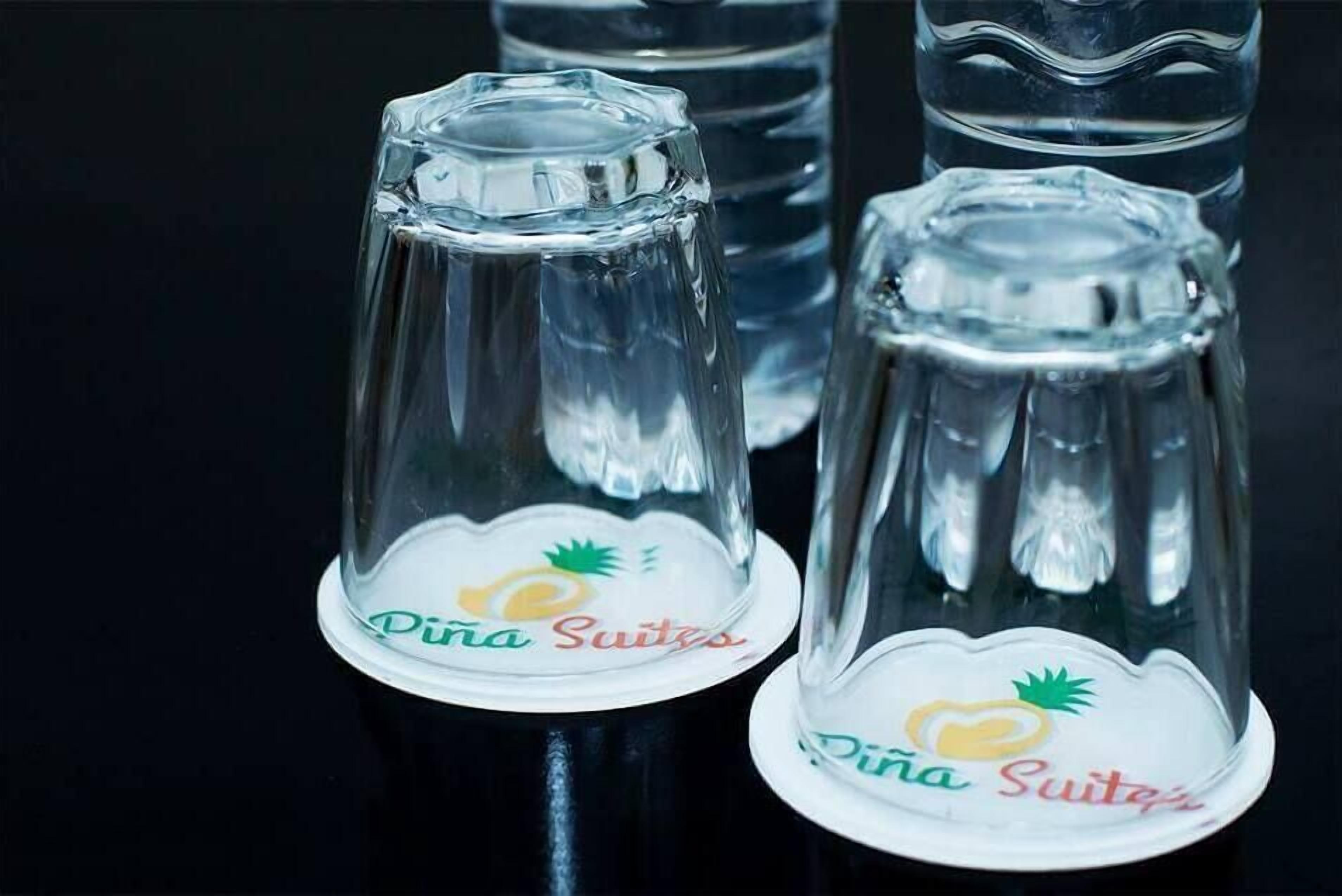 Deux bouteilles en verre transparent, portant la marque « Pina Suites » et ornées d’un motif ananas à la base.