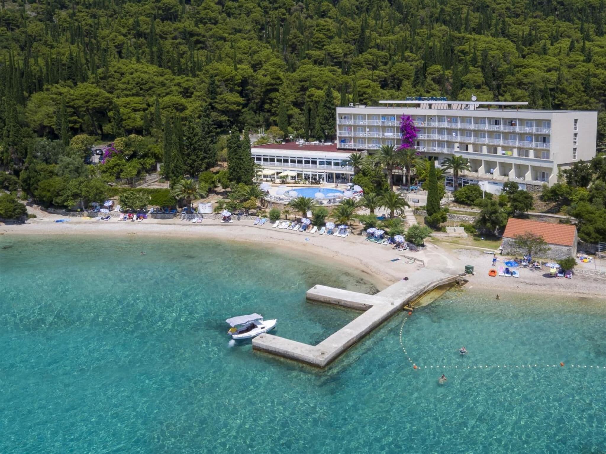 An aerial view of a coastal hotel with a pool, beach, and pier.