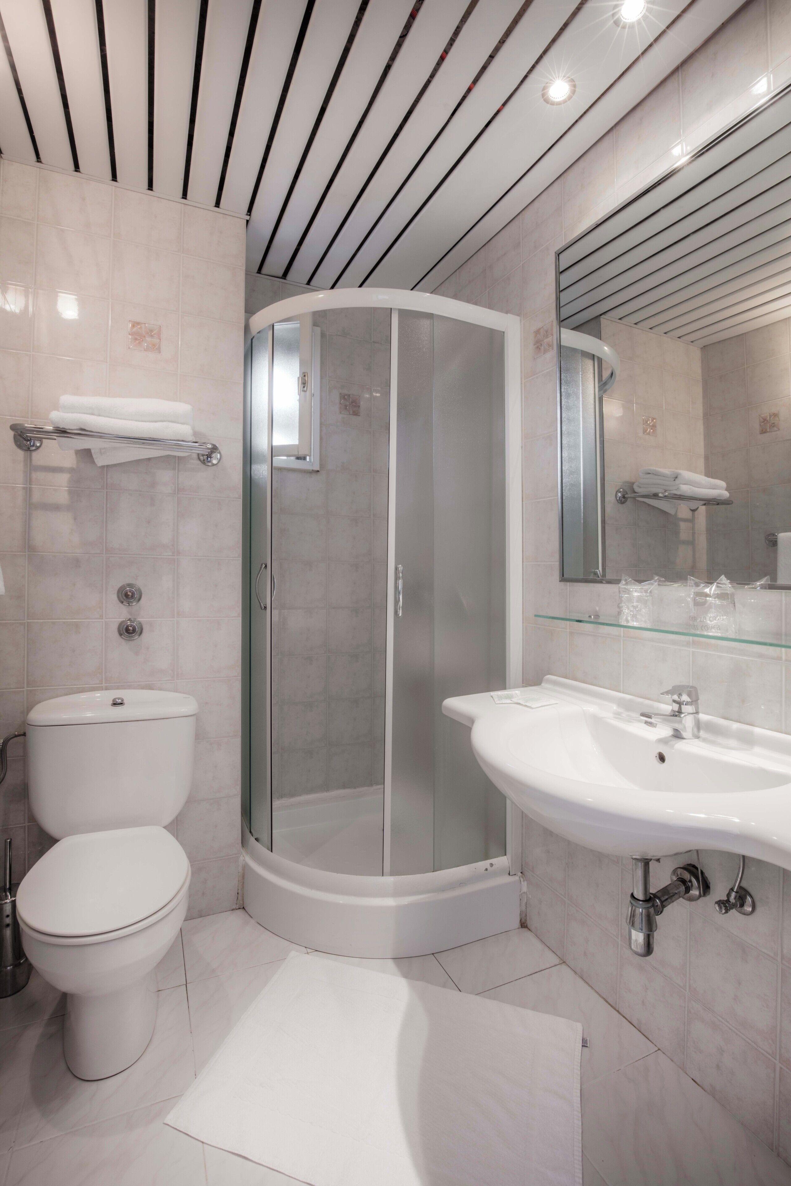 Un baño moderno con ducha de vidrio, un lavamanos blanco y un inodoro.