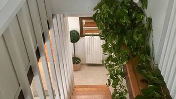 A staircase with white railings and a wooden handrail, leading to a room with a radiator and a small potted plant.