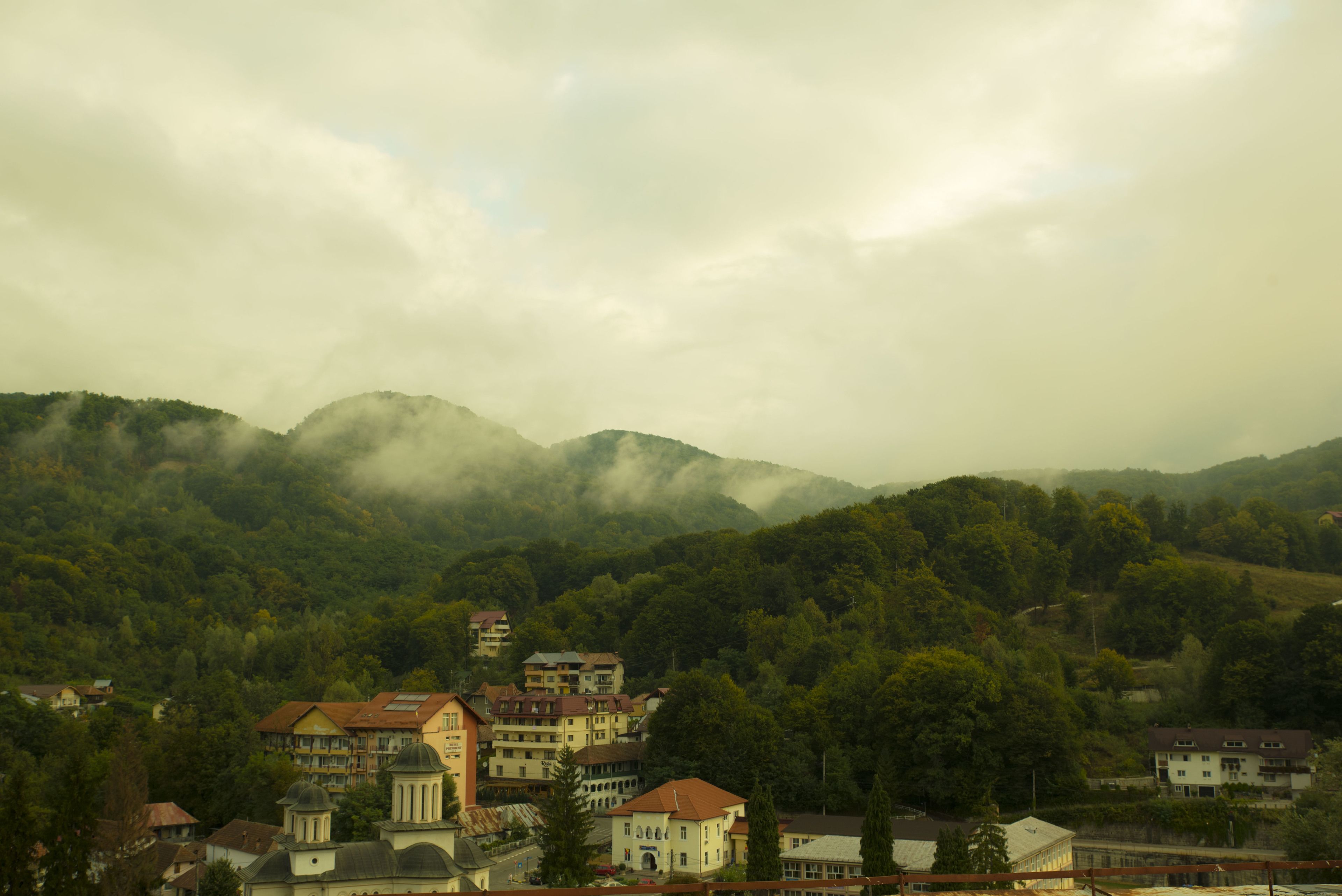 A town nestled in a valley with buildings surrounded by lush greenery and mountains in the background.