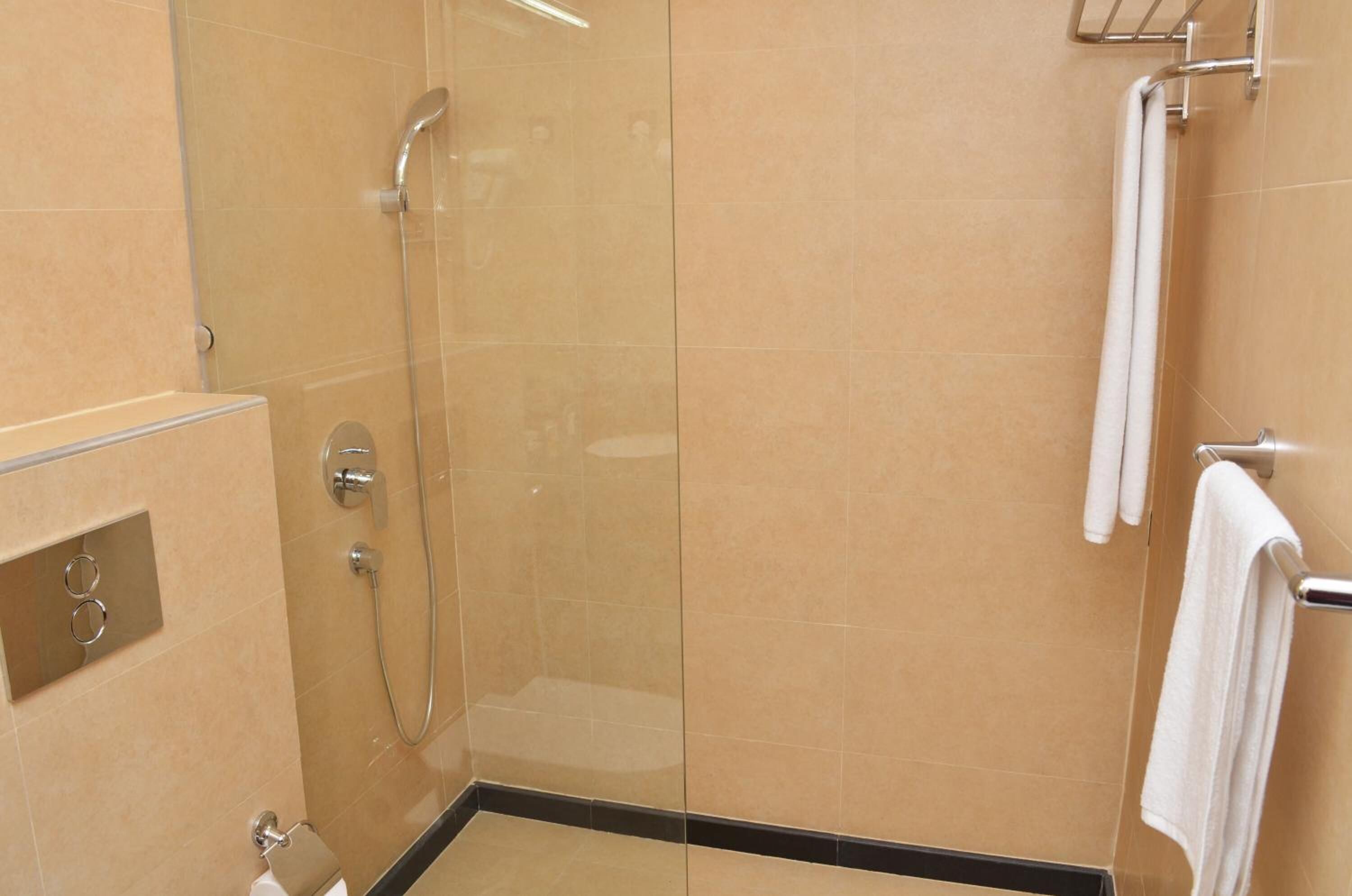 Et moderne badeværelse med et glas brusekabine, et håndklædetørrestativ og en toiletpapirholder.