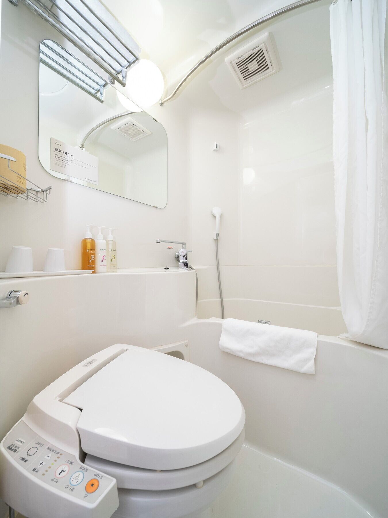 combined shower/bathtub, free toiletries, hair dryer, slippers