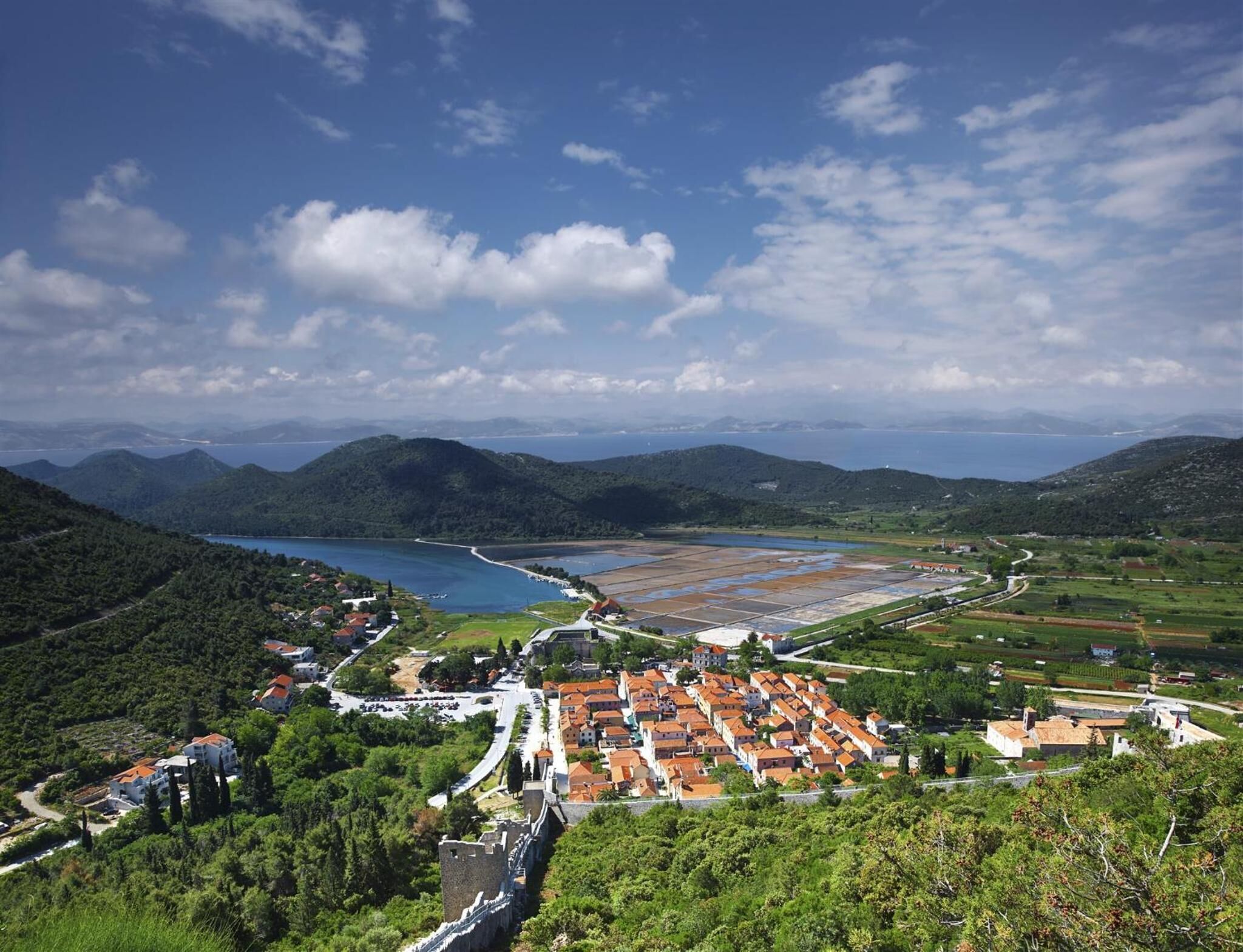 A coastal town with a castle, terraced fields, and a clear view of the sea.