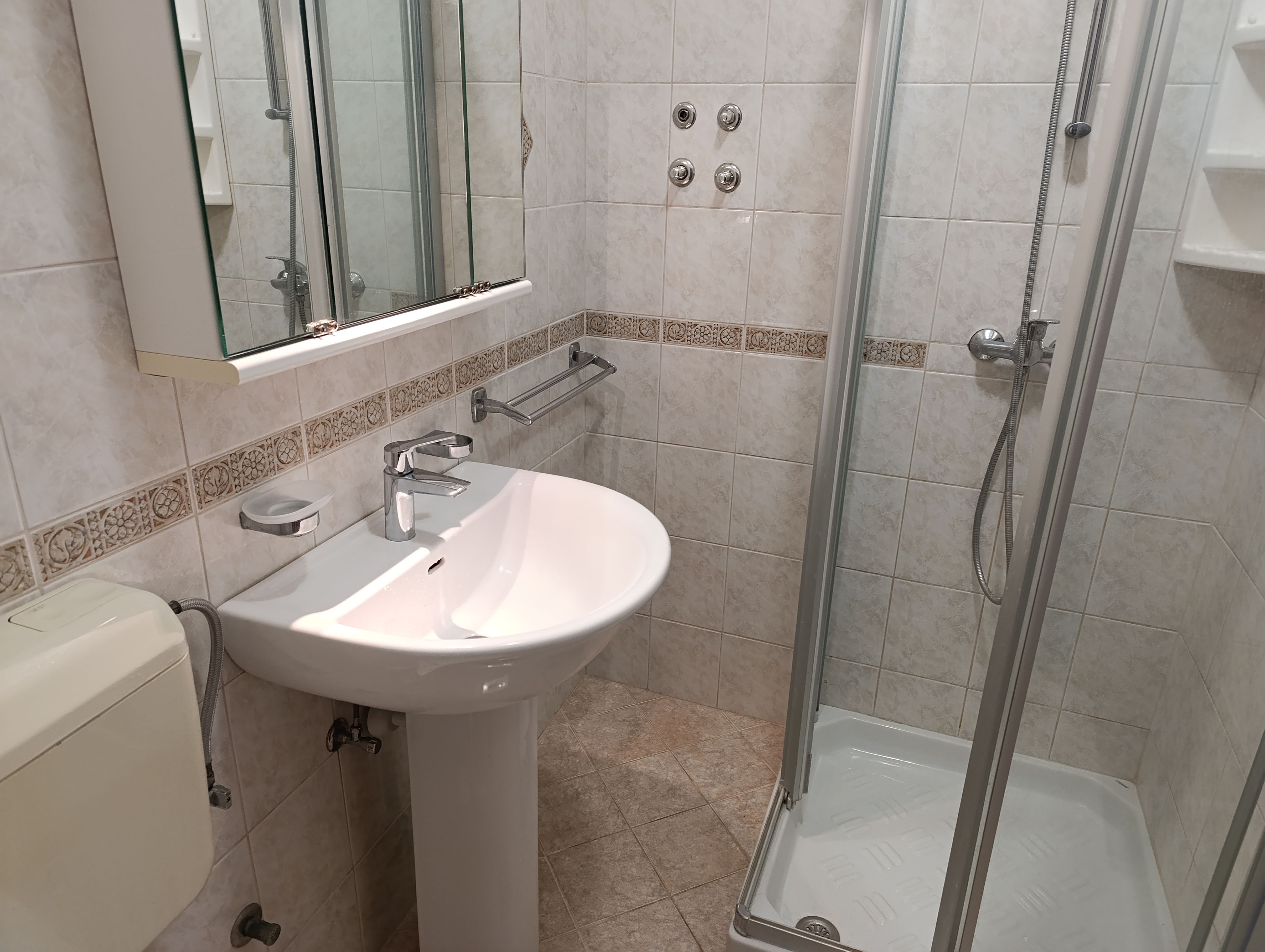 Ein Badezimmer mit einem weißen Waschbecken, einer Duschkabine aus Glas und einer Toilette.