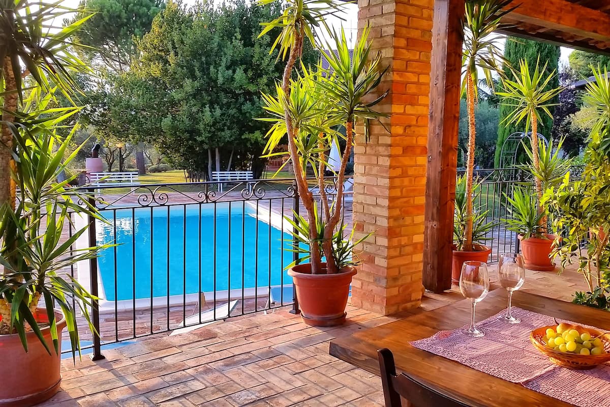 Um deck de madeira com piscina, plantas em vasos e uma mesa com copos de vinho e frutas.