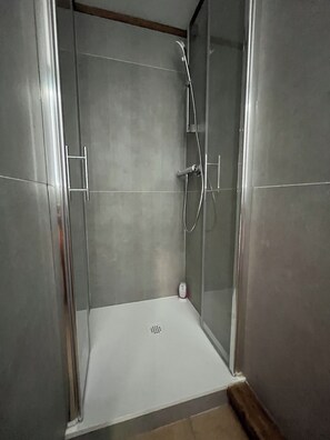 Bathtub, hair dryer, soap, toilet paper
