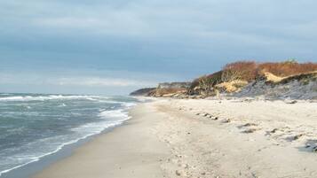 Ein Sandstrand mit Wellen, einem klaren Himmel und Dünen mit spärlicher Vegetation.