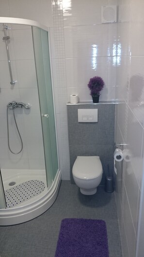 A bathroom with a shower, toilet, and a small potted plant. - Apartments Centrum Split (Split)