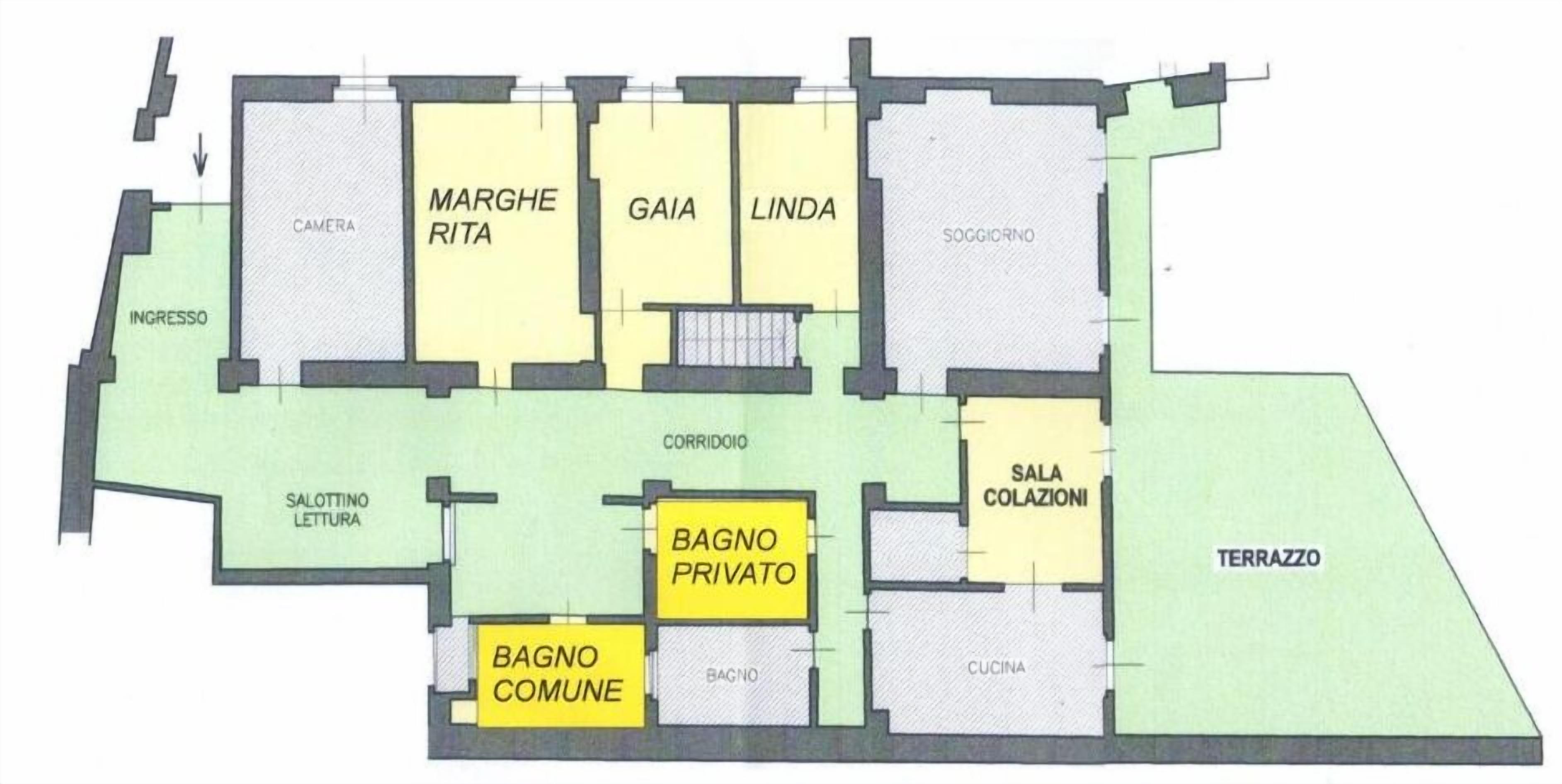 Plano de distribución de un hotel con habitaciones identificadas, incluyendo 'Camera', 'MARGHE RITA', 'GAIA', 'LINDA', 'Soggiorno', 'Sala Colazioni', 'Cucina', 'Bagno Privato', 'Bagno Comune', 'Salottino Lettura' y 'Terrazzo'.