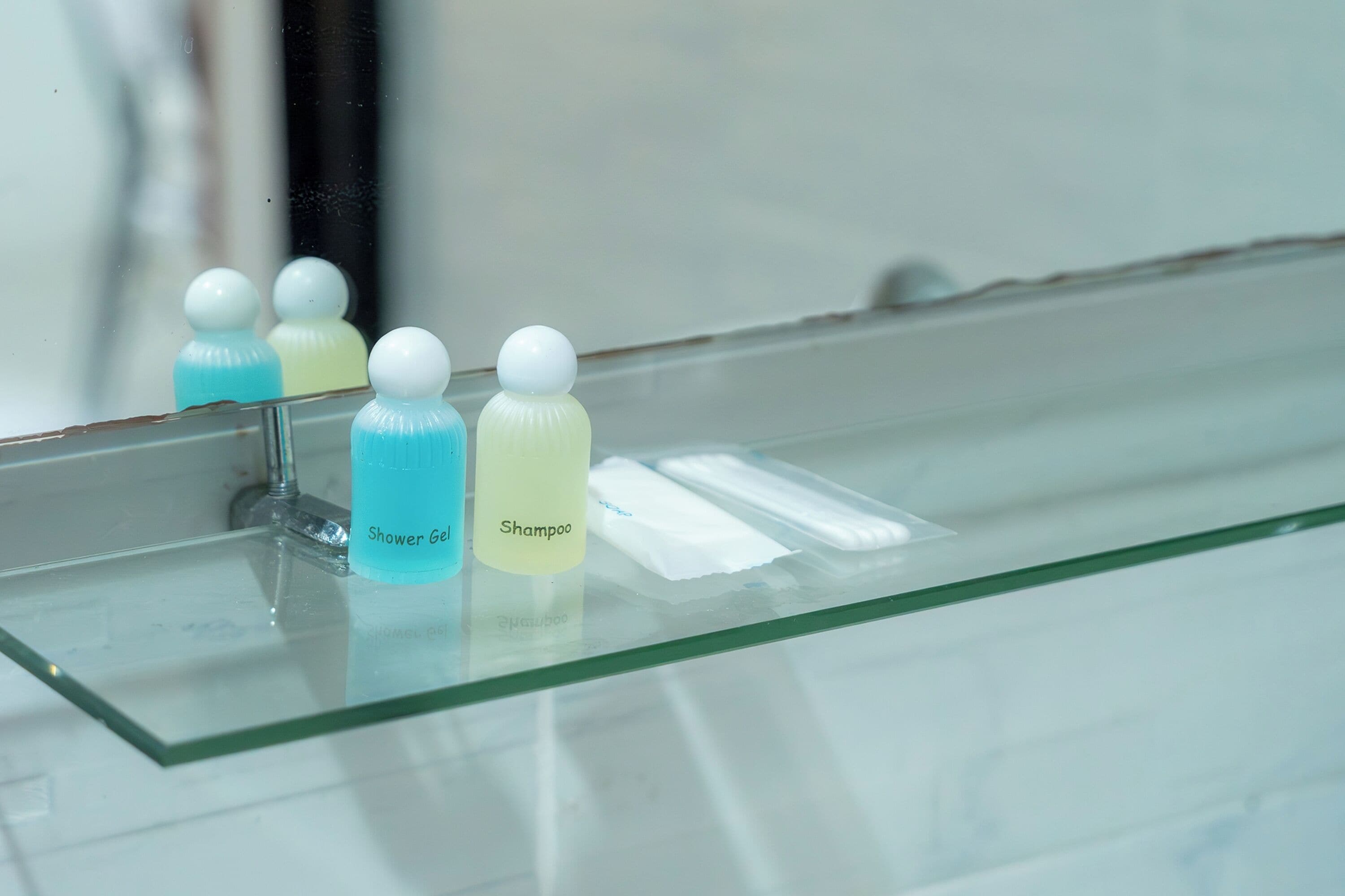 Une salle de bain avec une étagère en verre où sont posées des bouteilles de shampoing et de gel douche.