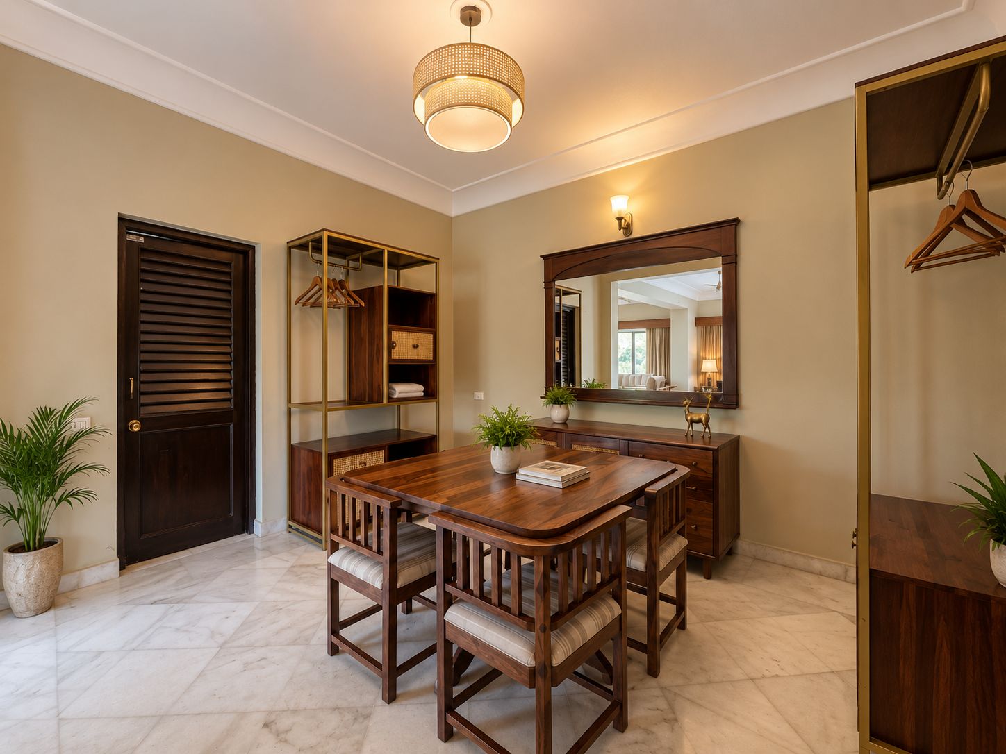 A dining area with a wooden table and chairs, a potted plant, and a mirror above the table.